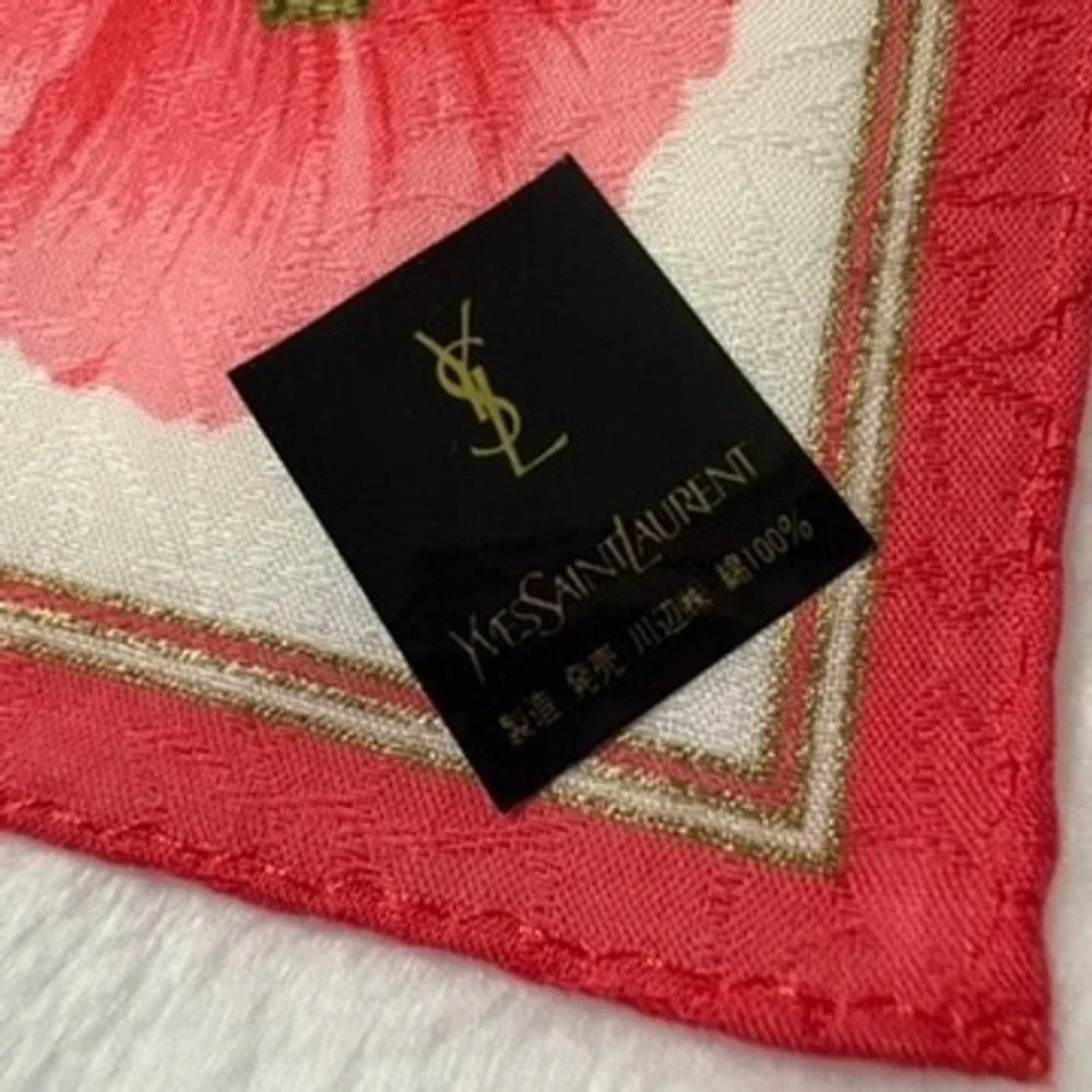 Vtg YVES SAINT LAURENT Scarf Handkerchief Poppy Floral Cotton Pink White 18.5